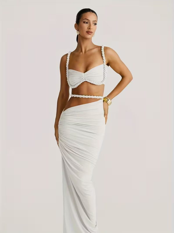 Set rochie din poliester extensibil, culoare solidă, fără mâneci, fustă lungă cu talie înaltă