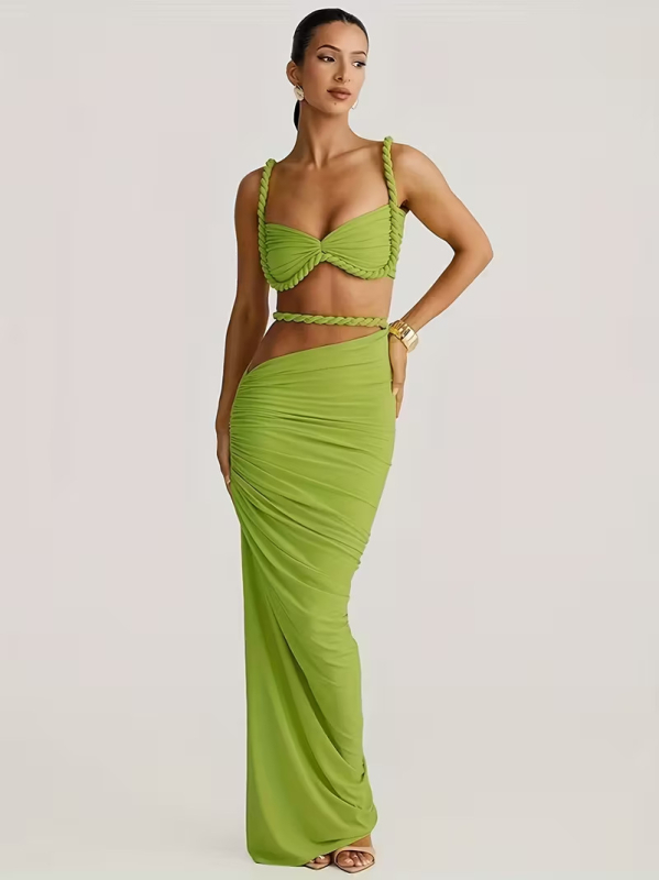 Set rochie din poliester extensibil, culoare solidă, fără mâneci, fustă lungă cu talie înaltă