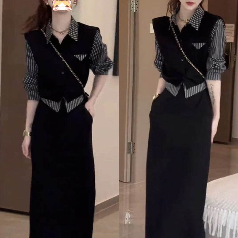 Dámsky dvojdielny kostým so pruhovanou blúzkou a mini sukňou, dlhé rukávy, PVC látka, potlač a farbenie