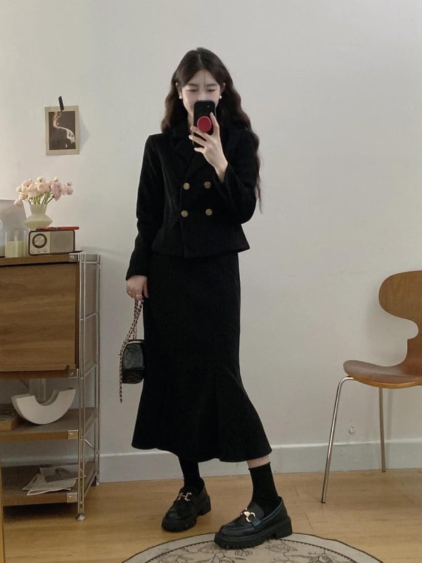 Plus-size ženski kostim za jesen i zimu u Hepburn stilu: corduroy waist jacket i fishtail skirt, dvodijelni set