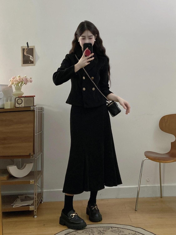 Plus-size ženski kostim za jesen i zimu u Hepburn stilu: corduroy waist jacket i fishtail skirt, dvodijelni set