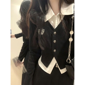 Kórejský študentský štýl: súprava sukňa–blúzka pre ženy – dlhý rukáv polo top a plisovaná stredne dlhá sukňa, polyester