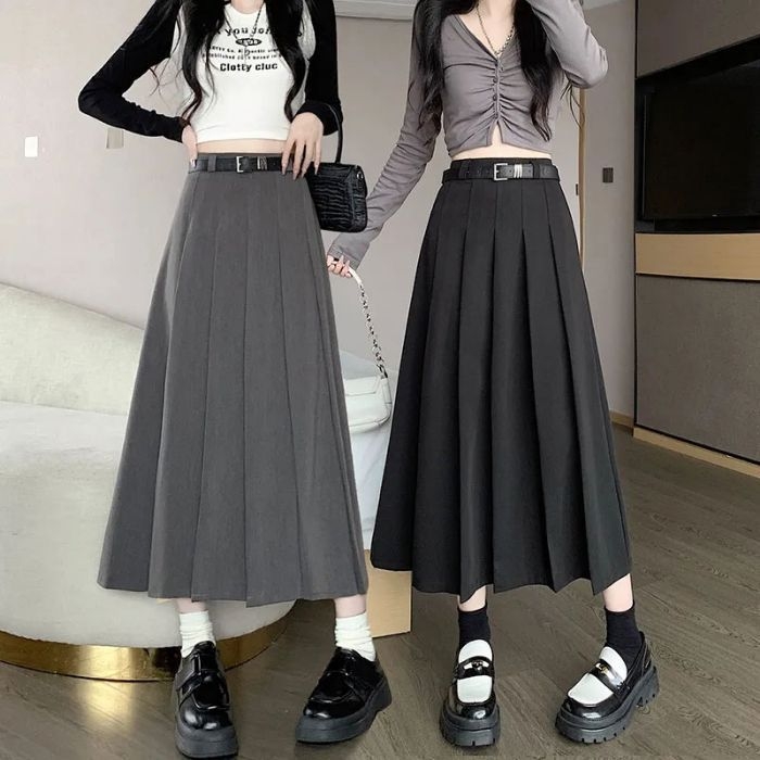 Kórejský študentský štýl: súprava sukňa–blúzka pre ženy – dlhý rukáv polo top a plisovaná stredne dlhá sukňa, polyester
