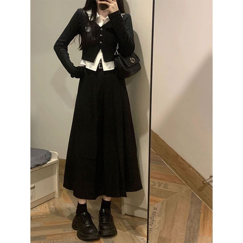 Kórejský študentský štýl: súprava sukňa–blúzka pre ženy – dlhý rukáv polo top a plisovaná stredne dlhá sukňa, polyester