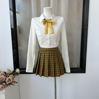 JK-stílusú iskolai egyenruha készlet: kardigán, felső és szoknya; egyszínű minta, akril rost, kapok 30–50% arányban; megjelenés 2025 ősz