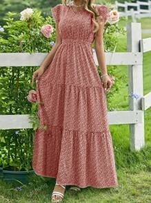 Hosszú ruha V-nyakú, A-vonalú, rétegzett, rövid ujjú, poliészter