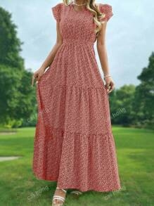 Hosszú ruha V-nyakú, A-vonalú, rétegzett, rövid ujjú, poliészter