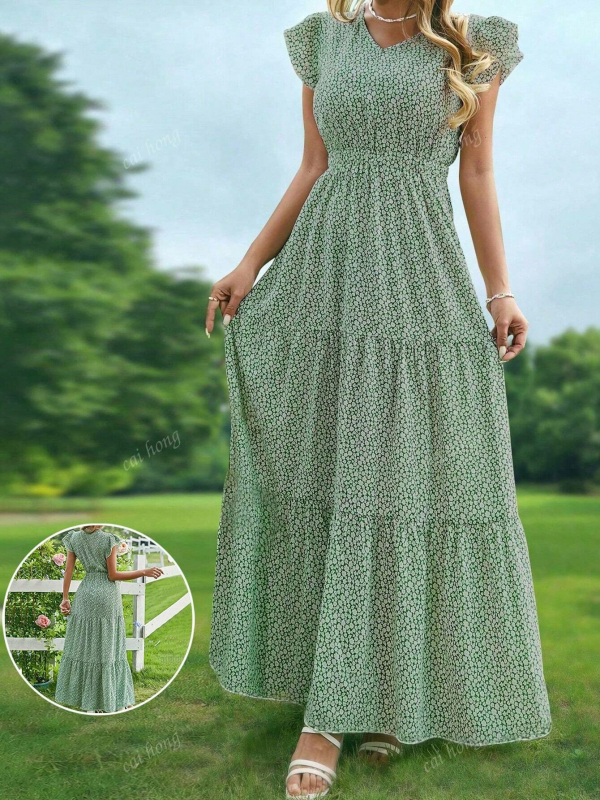 Hosszú ruha V-nyakú, A-vonalú, rétegzett, rövid ujjú, poliészter