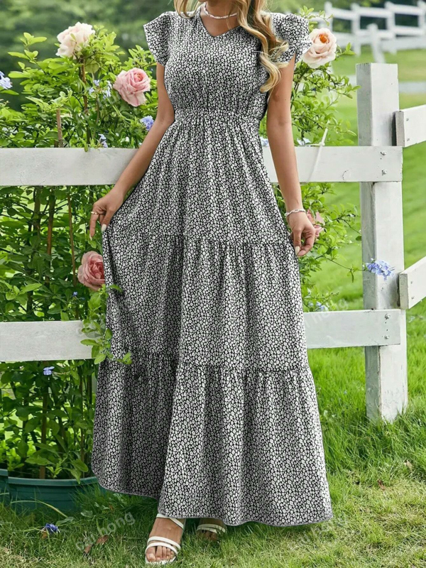 Hosszú ruha V-nyakú, A-vonalú, rétegzett, rövid ujjú, poliészter