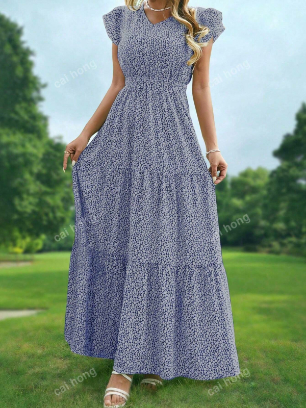 Hosszú ruha V-nyakú, A-vonalú, rétegzett, rövid ujjú, poliészter