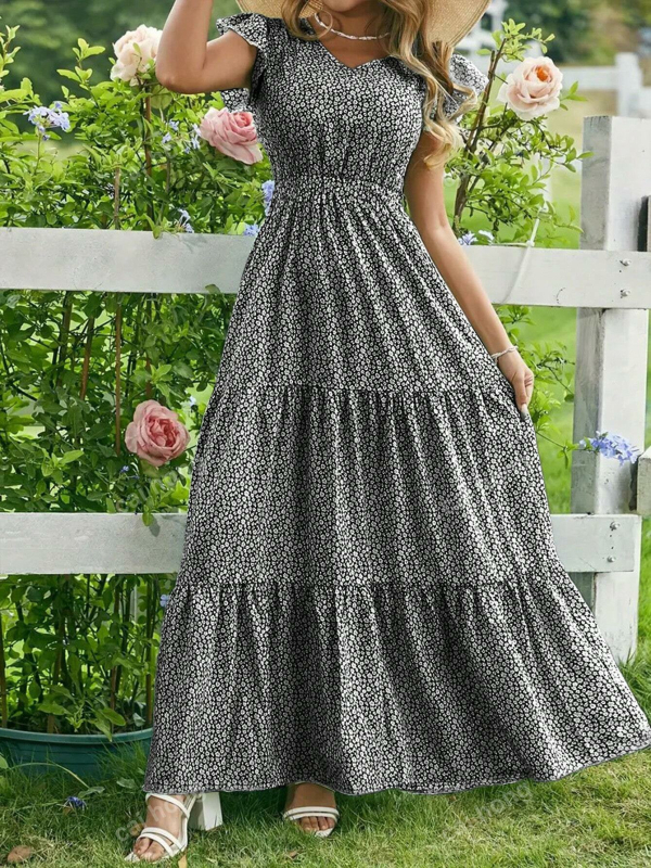 Hosszú ruha V-nyakú, A-vonalú, rétegzett, rövid ujjú, poliészter