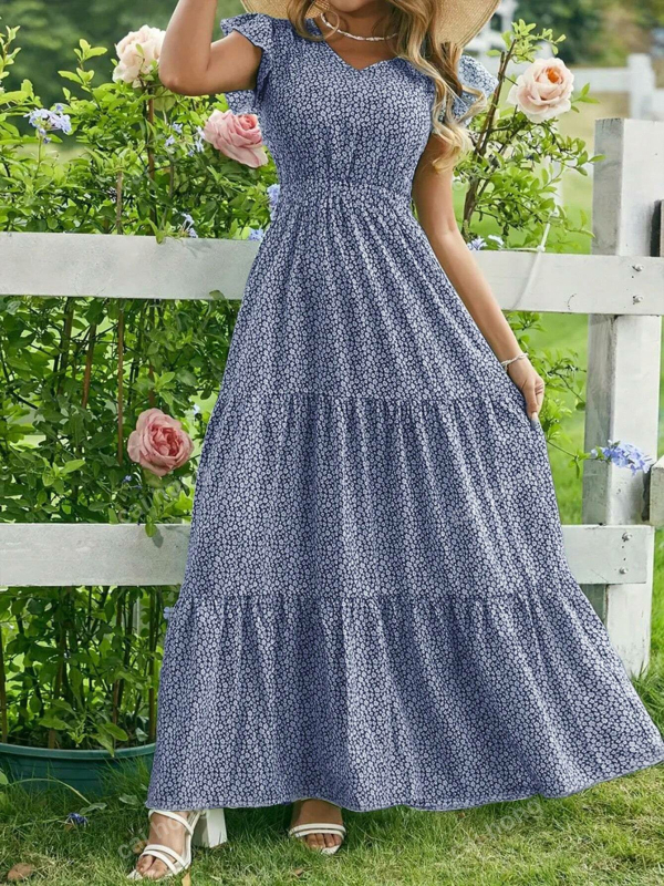 Hosszú ruha V-nyakú, A-vonalú, rétegzett, rövid ujjú, poliészter