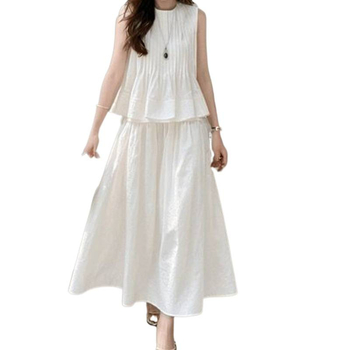 Seelikukostüüm varrukateta topiga: 3D muster, keskse pikkusega seelik, polüesterkangas, minimalistlik stiil