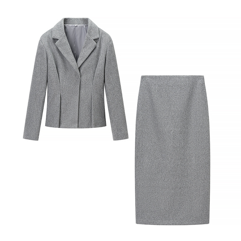Moterų liemenį formuojantis švarkas ir ilga suknelė komplektas - elegantiškas biuro įvaizdis, poliesteris, ilgos rankovės, 2025 m. pavasaris