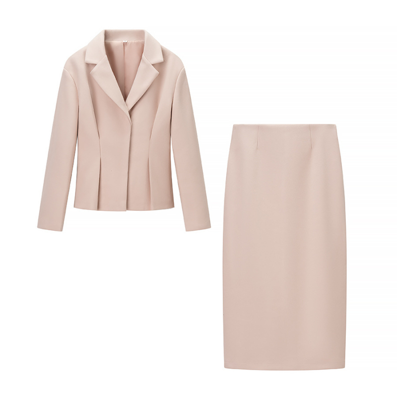 Moterų liemenį formuojantis švarkas ir ilga suknelė komplektas - elegantiškas biuro įvaizdis, poliesteris, ilgos rankovės, 2025 m. pavasaris