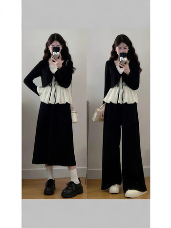 Női elegáns szett: csipkés felső és szoknya széles lábú nadrággal, 3D mintázat, illesztett varrások, őszi 2025, poliészter