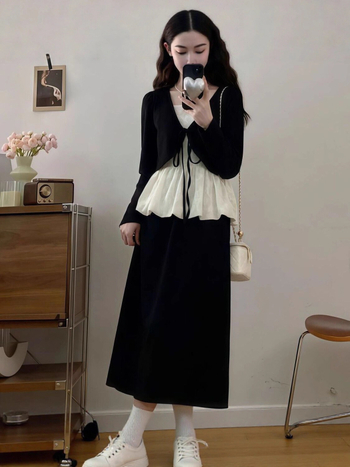 Női elegáns szett: csipkés felső és szoknya széles lábú nadrággal, 3D mintázat, illesztett varrások, őszi 2025, poliészter