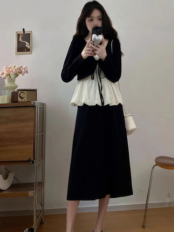 Női elegáns szett: csipkés felső és szoknya széles lábú nadrággal, 3D mintázat, illesztett varrások, őszi 2025, poliészter