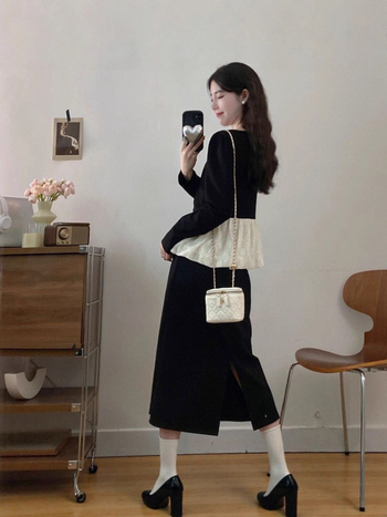 Női elegáns szett: csipkés felső és szoknya széles lábú nadrággal, 3D mintázat, illesztett varrások, őszi 2025, poliészter