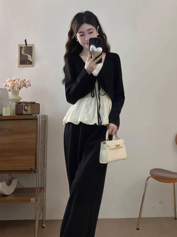 Női elegáns szett: csipkés felső és szoknya széles lábú nadrággal, 3D mintázat, illesztett varrások, őszi 2025, poliészter