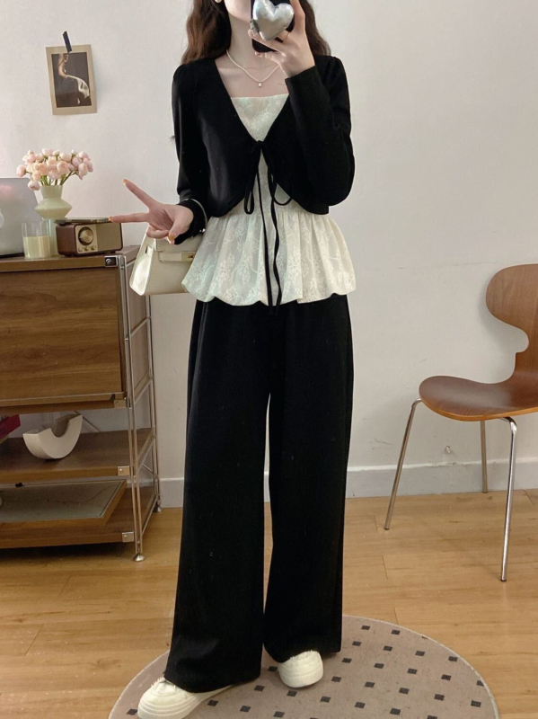 Női elegáns szett: csipkés felső és szoknya széles lábú nadrággal, 3D mintázat, illesztett varrások, őszi 2025, poliészter