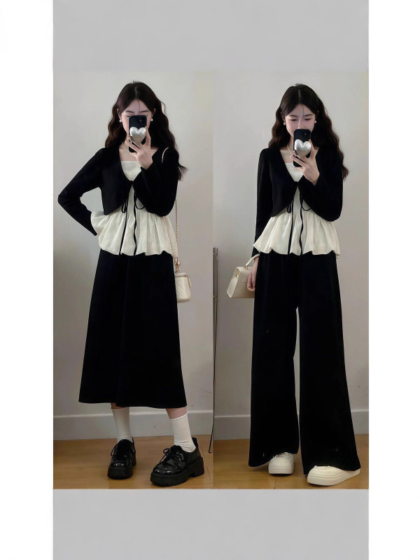 Naise elegantne komplekt: pitsiline topp ja seelik laia lõikega püksid, 3D muster, õmbluste ühendus, sügisel 2025, polüester