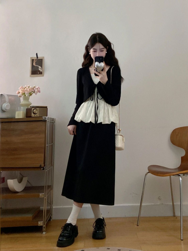 Női elegáns szett: csipkés felső és szoknya széles lábú nadrággal, 3D mintázat, illesztett varrások, őszi 2025, poliészter