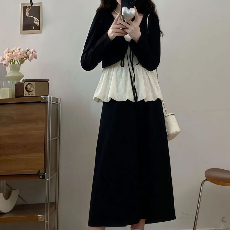 Női elegáns szett: csipkés felső és szoknya széles lábú nadrággal, 3D mintázat, illesztett varrások, őszi 2025, poliészter