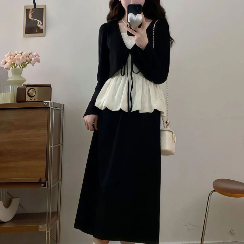 Női elegáns szett: csipkés felső és szoknya széles lábú nadrággal, 3D mintázat, illesztett varrások, őszi 2025, poliészter