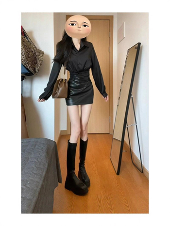 Korea-stiilis elegantne kaheosaline komplekt pikkade varrukatega ja lühikese seelikuga, 3D muster, kolaasio õmblus, polüester, sügisesesese 2025