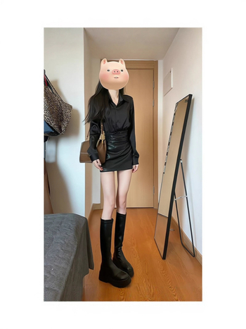 Korea-stiilis elegantne kaheosaline komplekt pikkade varrukatega ja lühikese seelikuga, 3D muster, kolaasio õmblus, polüester, sügisesesese 2025