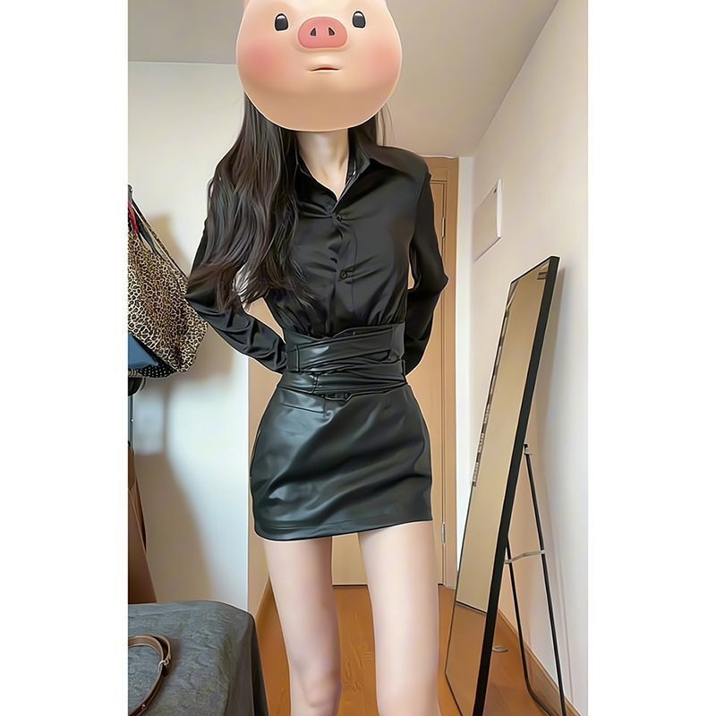 Korea-stiilis elegantne kaheosaline komplekt pikkade varrukatega ja lühikese seelikuga, 3D muster, kolaasio õmblus, polüester, sügisesesese 2025