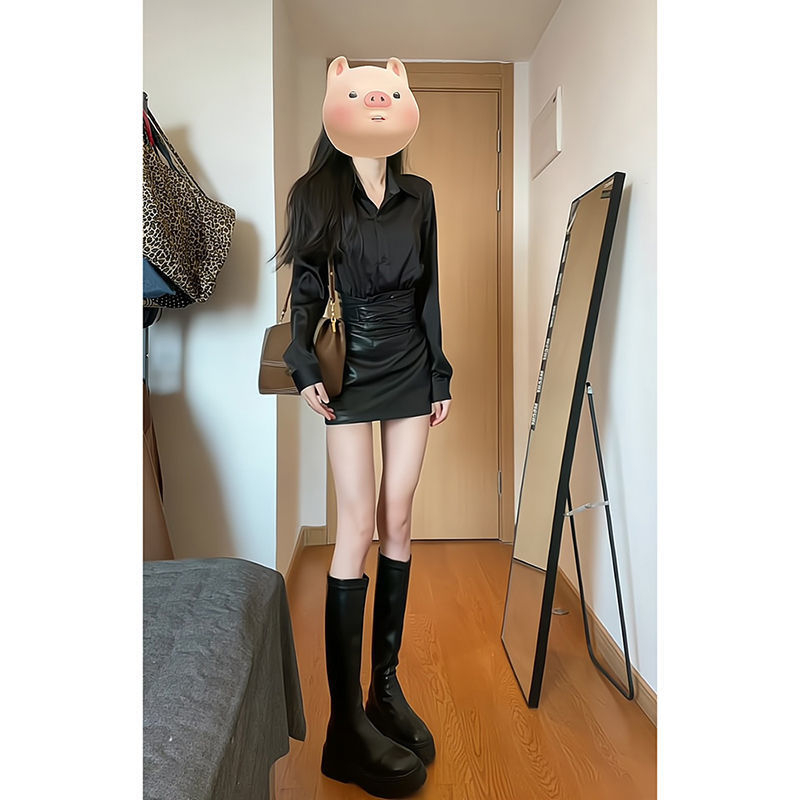 Korea-stiilis elegantne kaheosaline komplekt pikkade varrukatega ja lühikese seelikuga, 3D muster, kolaasio õmblus, polüester, sügisesesese 2025