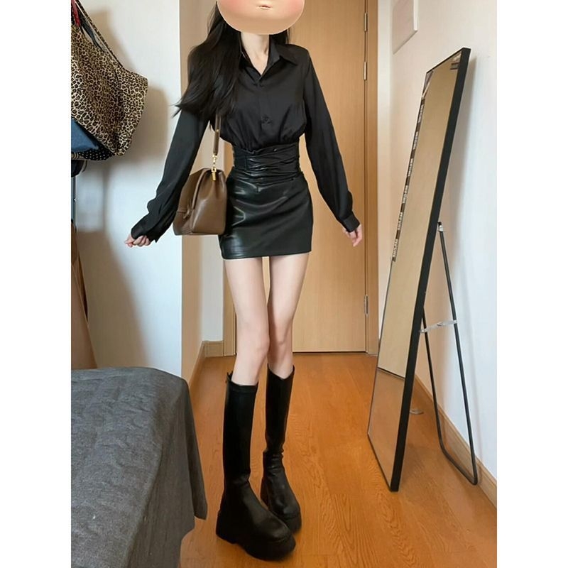 Korea-stiilis elegantne kaheosaline komplekt pikkade varrukatega ja lühikese seelikuga, 3D muster, kolaasio õmblus, polüester, sügisesesese 2025