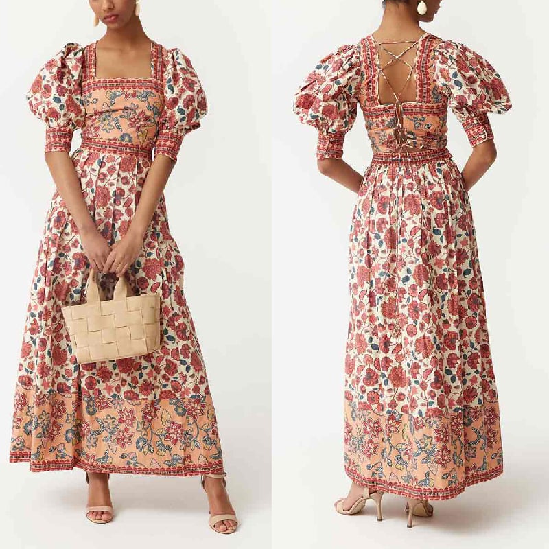 Set din două piese: Top imprimat cu guler pătrat și fustă midi, Poliester 95%+, Vara 2025, Stil urban casual