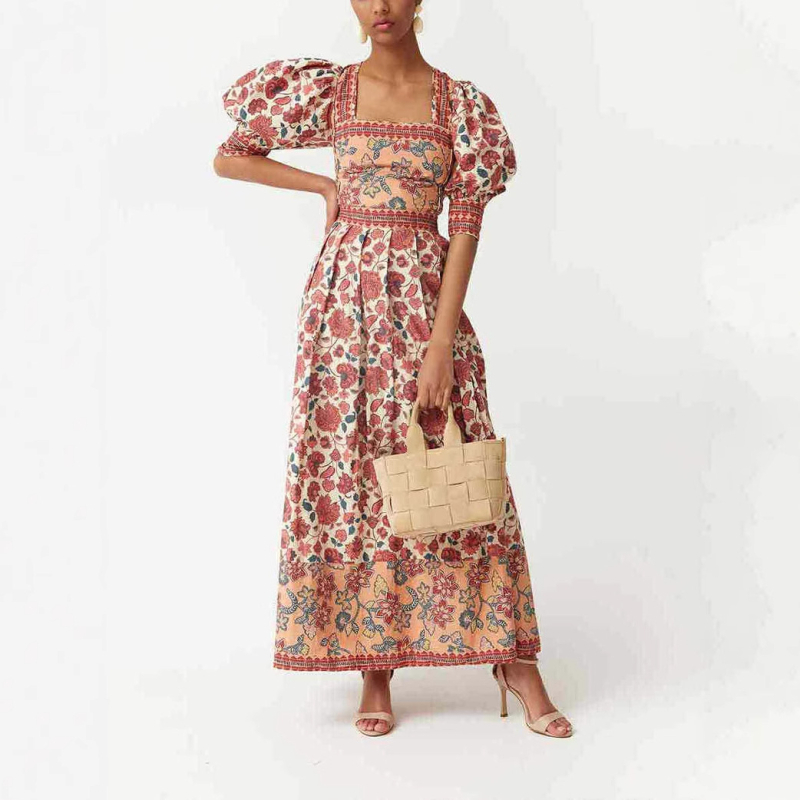 Δύο τεμαχίων σετ: Εκτυπωμένο τοπ με τετράγωνο λαιμό και midi φούστα, Πολυεστέρας 95%+, Καλοκαίρι 2025, Αστικό casual στυλ