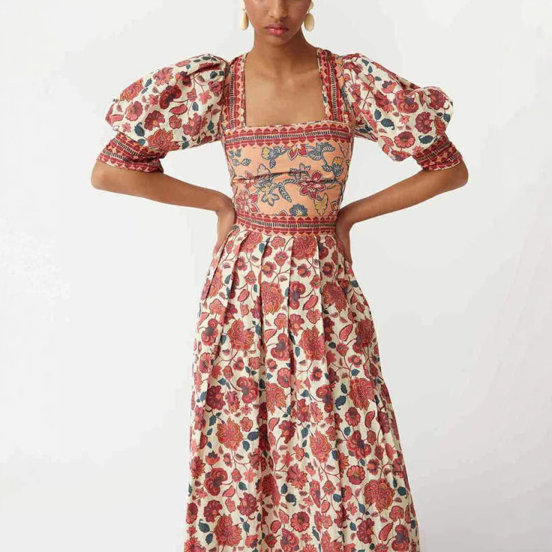 Δύο τεμαχίων σετ: Εκτυπωμένο τοπ με τετράγωνο λαιμό και midi φούστα, Πολυεστέρας 95%+, Καλοκαίρι 2025, Αστικό casual στυλ