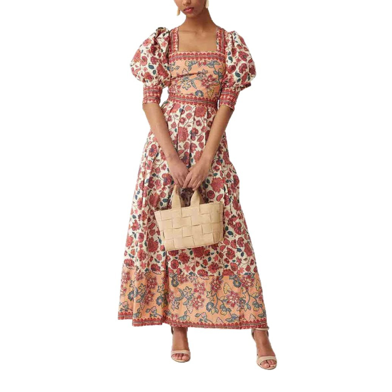 Δύο τεμαχίων σετ: Εκτυπωμένο τοπ με τετράγωνο λαιμό και midi φούστα, Πολυεστέρας 95%+, Καλοκαίρι 2025, Αστικό casual στυλ