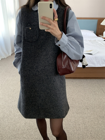Set rochie-vestă din lână cu cămașă pentru femei — model solid, top: cămașă, lungime midi, țesătură lână, costum cu fustă