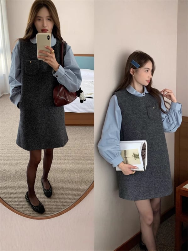 Set rochie-vestă din lână cu cămașă pentru femei — model solid, top: cămașă, lungime midi, țesătură lână, costum cu fustă