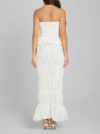 Dviejų dalių komplektas: be rankovių viršus ir ilga sijona su klostuotu liemeniu; polieteris; vasara 2025; biuro stilius