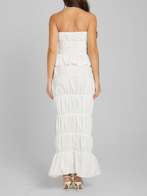 Dviejų dalių komplektas: be rankovių viršus ir ilga sijona su klostuotu liemeniu; polieteris; vasara 2025; biuro stilius