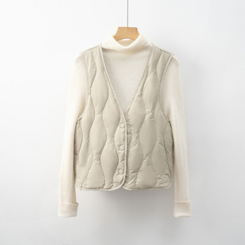 Moteriška pūkinė liemenė su V kaklo, užpildyta antis pūkais, nailoninis išorinis audinys, ilgis 50–65 cm