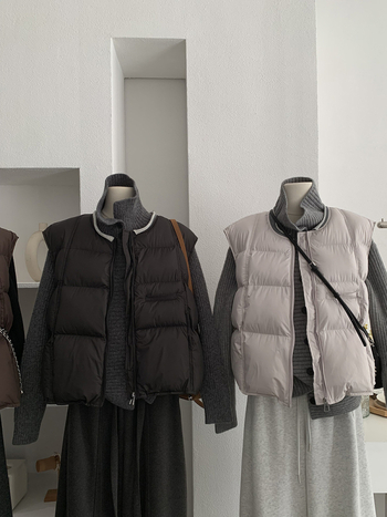 Be rankovių pūkinė liemenė su užtrauktuku, apvalus kaklo iškirptė, laisvas kirpimas, poliesterio viršus su pūko ir medvilnės užpildais, Žiema 2025