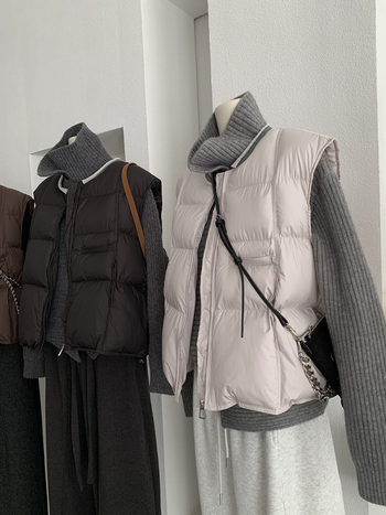 Be rankovių pūkinė liemenė su užtrauktuku, apvalus kaklo iškirptė, laisvas kirpimas, poliesterio viršus su pūko ir medvilnės užpildais, Žiema 2025