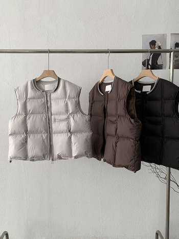 Be rankovių pūkinė liemenė su užtrauktuku, apvalus kaklo iškirptė, laisvas kirpimas, poliesterio viršus su pūko ir medvilnės užpildais, Žiema 2025