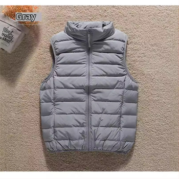 Sievietēm plāna dūnu veste ar augstu apkakli un rāvējslēdzēju, pildījums: pīļu dūnas, slaids siluets, garums 50–65 cm.