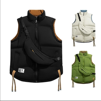 Universāla pūka veste ar reversu, ar stāvošu kaklu, bez kapuces, brīva piegriezuma, rudens–ziemas, 51–55% pūka, sānu kabatas, poliesteru audums