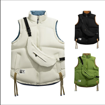 Universāla pūka veste ar reversu, ar stāvošu kaklu, bez kapuces, brīva piegriezuma, rudens–ziemas, 51–55% pūka, sānu kabatas, poliesteru audums