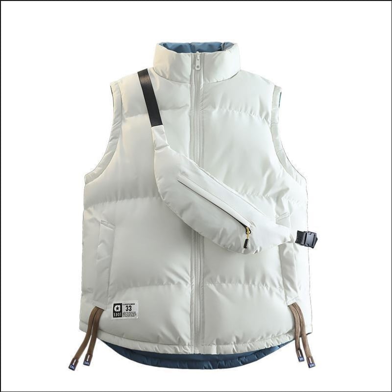 Universāla pūka veste ar reversu, ar stāvošu kaklu, bez kapuces, brīva piegriezuma, rudens–ziemas, 51–55% pūka, sānu kabatas, poliesteru audums